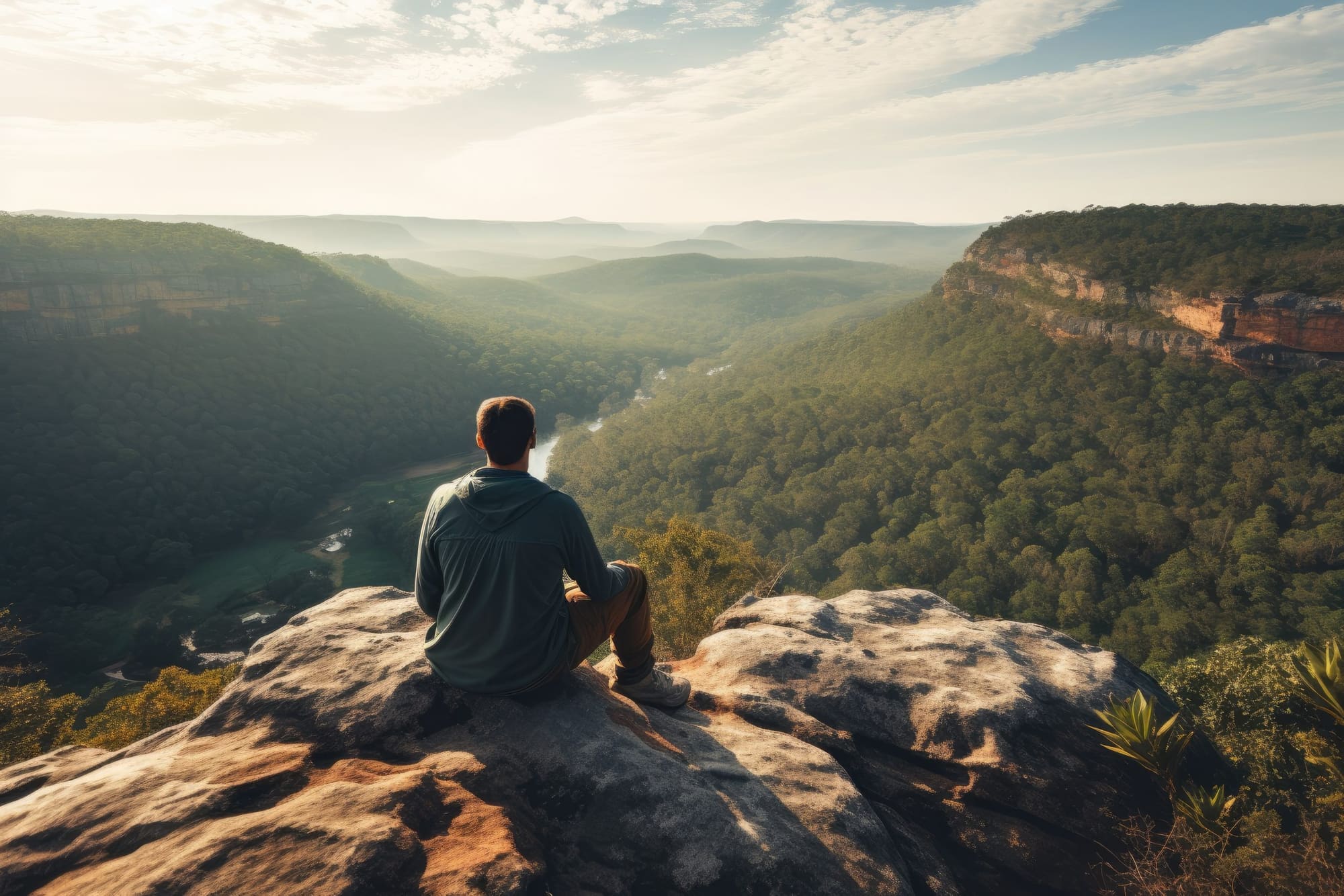 Man sitting alone on cliff overlooking lush valley